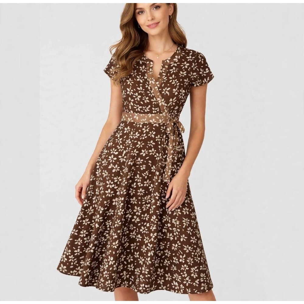 Vintage Talbots 100% Silk Dark Brown Printed Flowy V-Neck Wrap Dress Womens sz 8